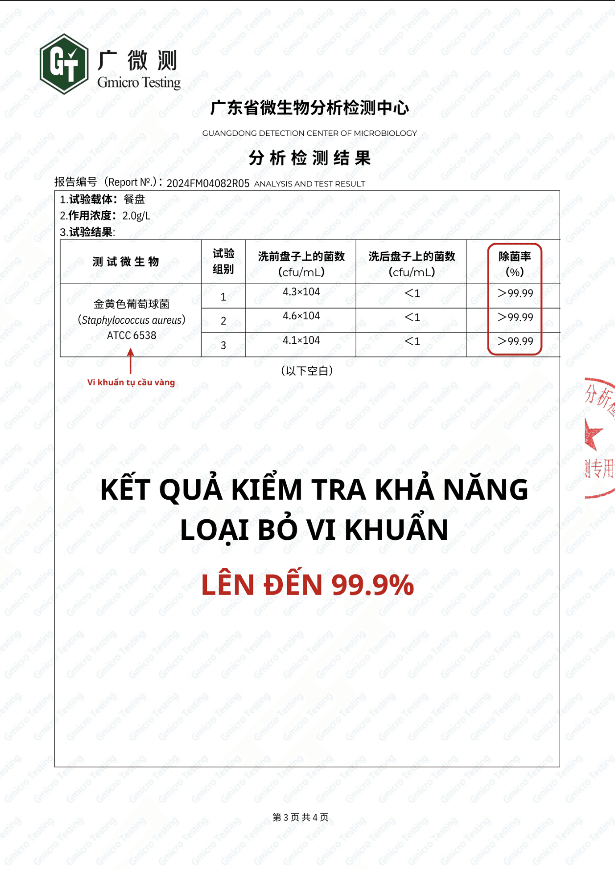 Giấy kiểm nghiệm Nước rửa hữu cơ SukGarden từ Trung tâm Gmicro Testing 1