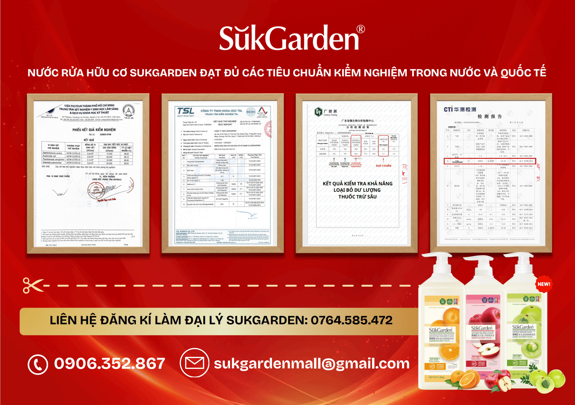 Nước rửa hữu cơ SukGarden đạt đầy đủ giấy chứng nhận an toàn