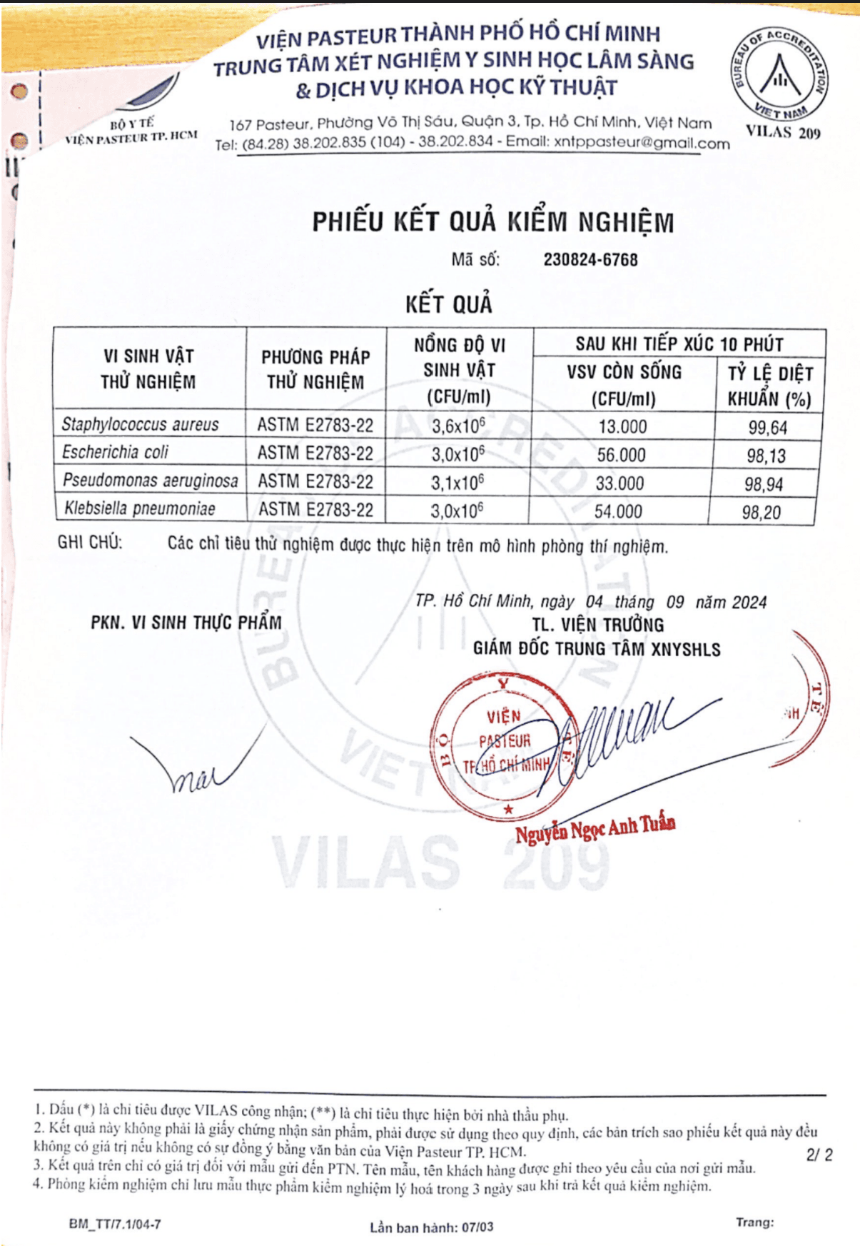 Giấy kiểm nghiệm Nước rửa hữu cơ SukGarden từ Viện Pasteur